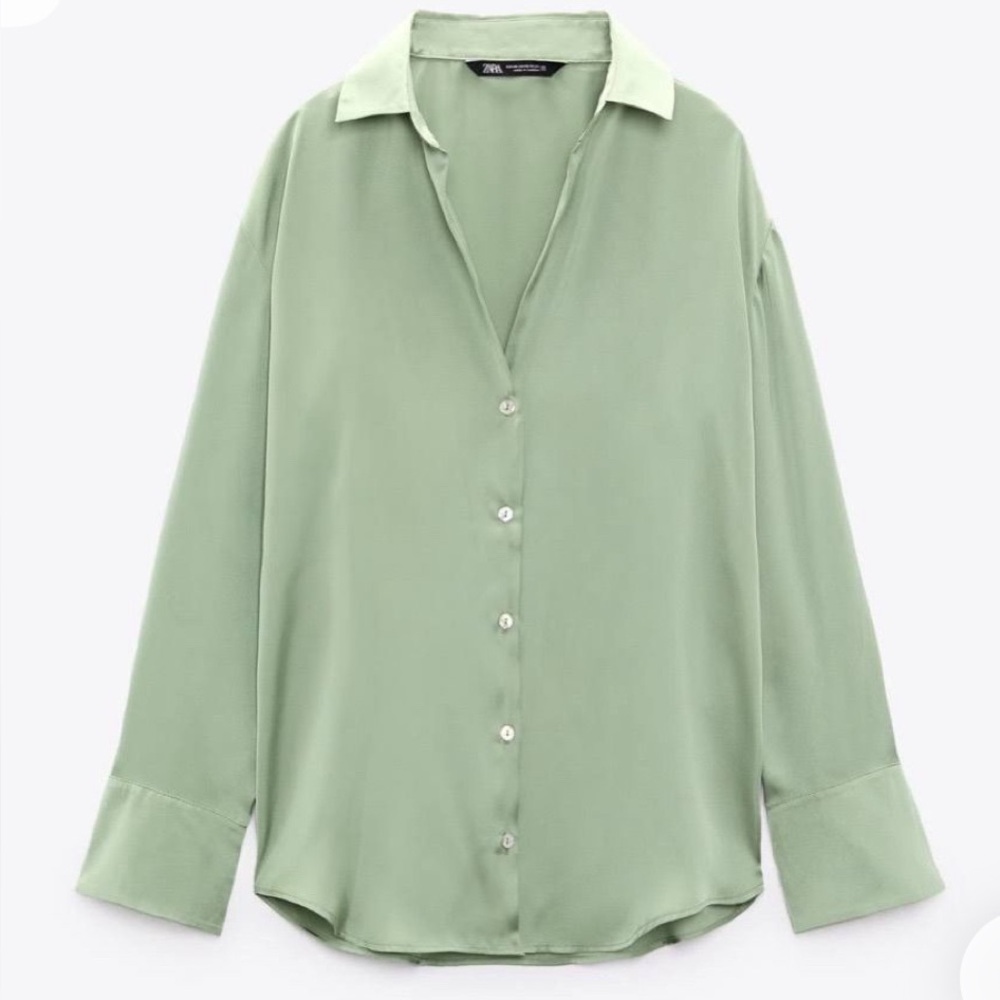 Zara Women's Sage Satin Button-Down Blouse
